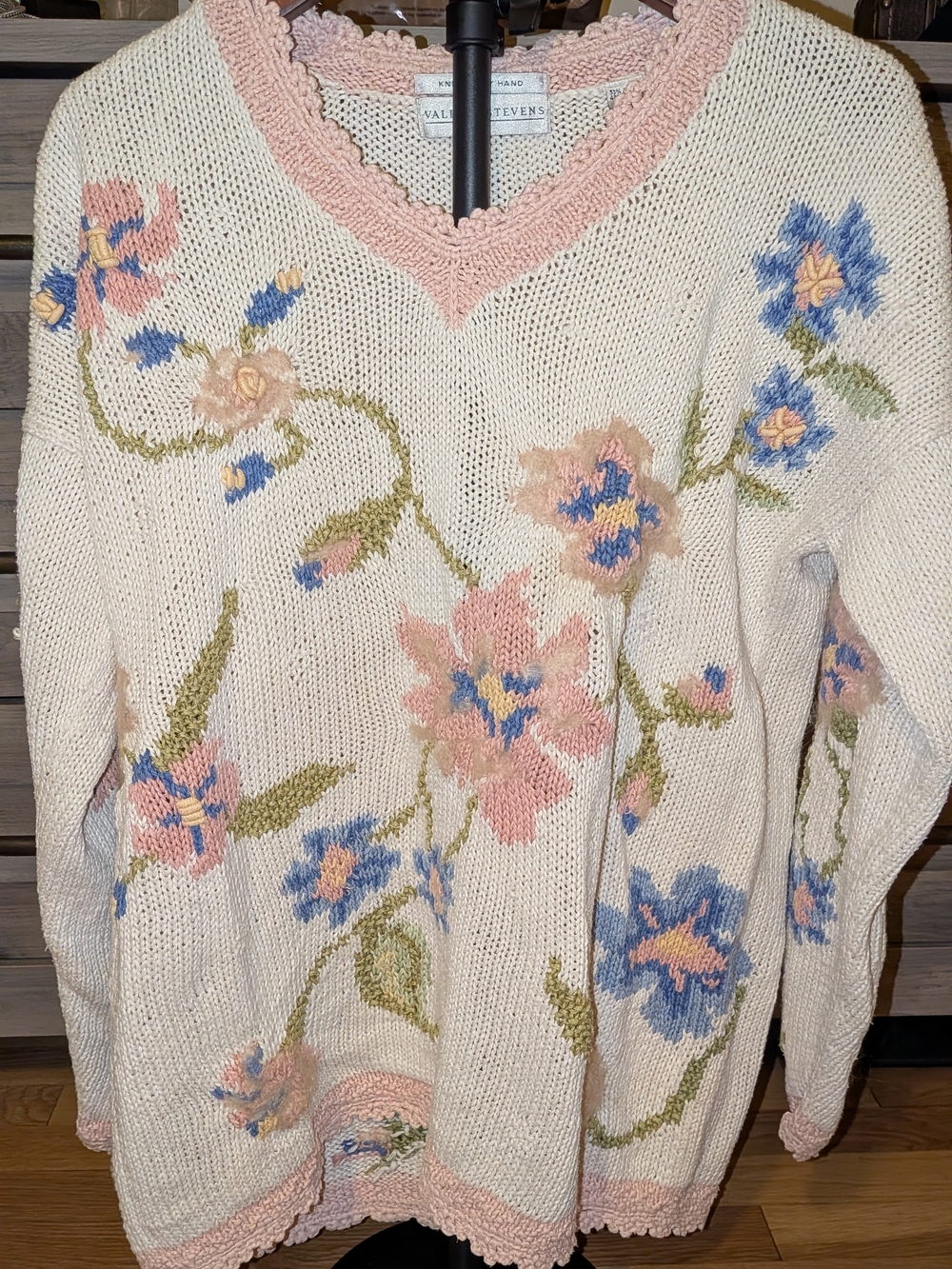 Valerie Stevens Cream V-Neck Sweater with Pink and Blue Floral Embroidery